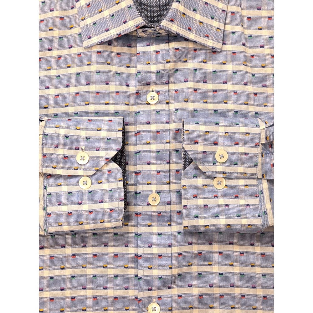 Bugatchi Men's XXL‎ Shirt Classic Fit Blue Check Grid Multicolor Dot 100% Cotton - Picture 4 of 6